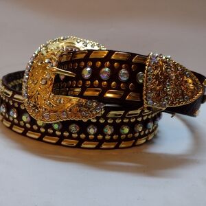 VTG Nocona Brown Leather Belt Womens L Rhinestones Studs Cowgirl RockabillyBLING